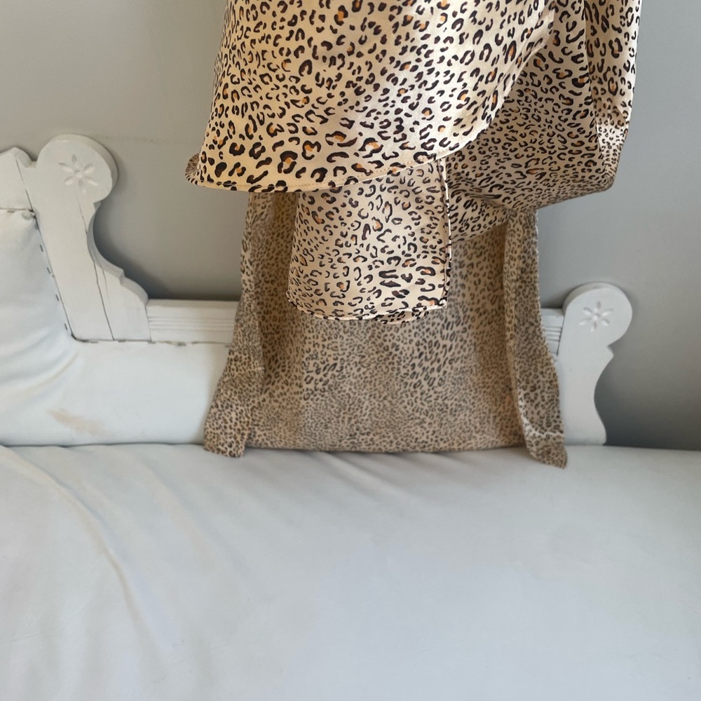TAN CREAM LEOPARD PRINT SLIP DRESS STRAPS NEGLIGEE BLACK LACE AUGUST SILK - Picture 7 of 11